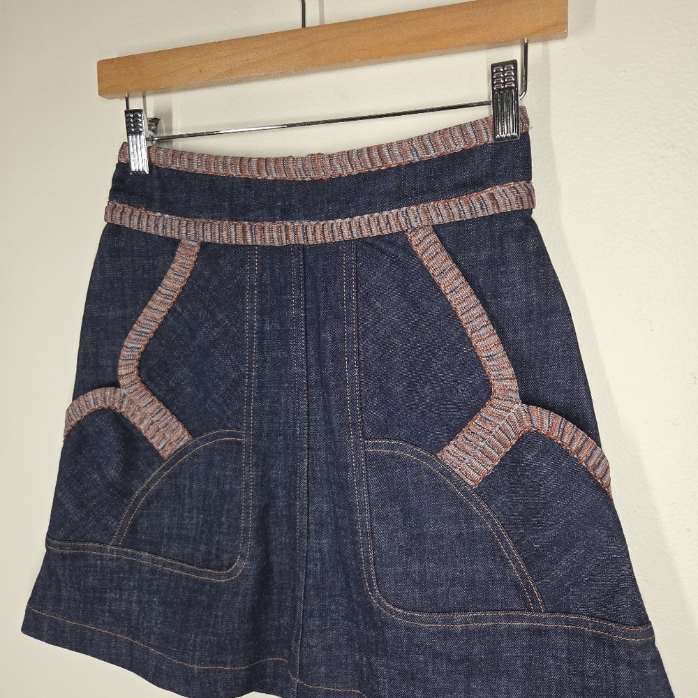 See By Chloe Dark Wash A-Line Denim Mini Skirt Multicolor Piping Pockets 24" - Picture 2 of 6